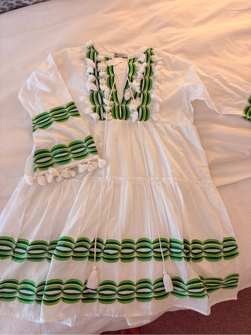 White beach vacation Dress with Green Trim
